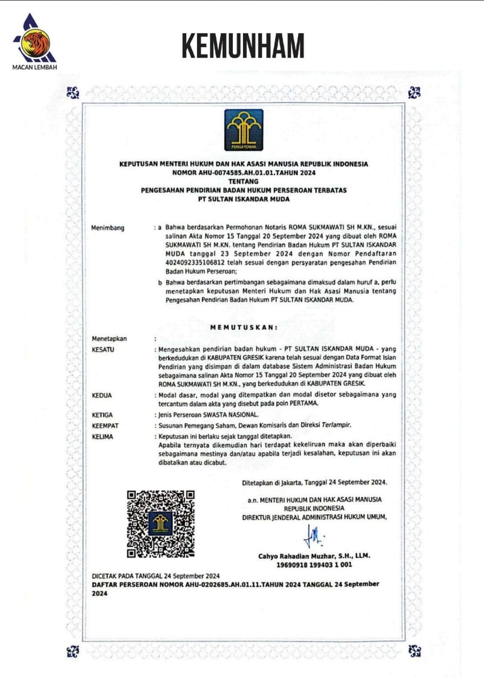 Surat Keputusan Kemenkumham PT Sultan Iskandar Muda
